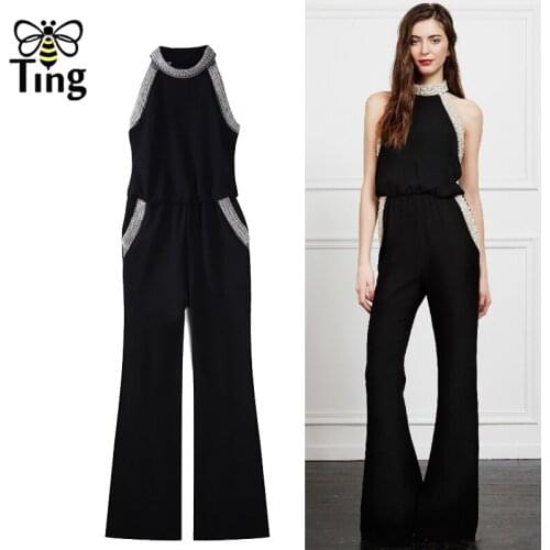 Tingfly Runway Designer Luxury Beading Black Party Jumpsuits Vintage Sexy Sleeveless Street Chic Jumpsuits Overalls Vetements