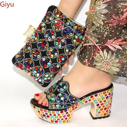 Doershow nice Shoes and Bag Set African Sets 2019black Color Italian Shoe Bag Set Decorated with Rhinestone High Quality! SWQ1-7
