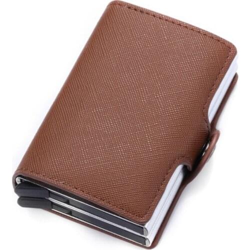 Double Aluminum Box Card Wallet for Women Men Cross Leather RFID Blocking Credit Card Holder Automatic Pop up ID Bank Card Case