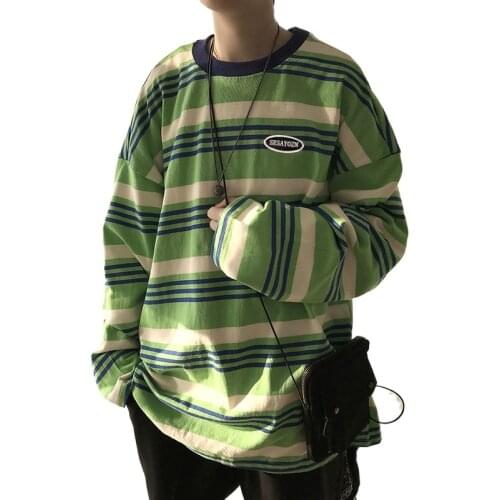 Ins Hong Kong wind long-sleeved t-shirt mens spring autumn Korean version of loose striped clothing youth clothing T-shirt