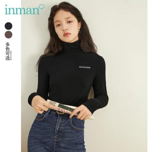 INMAN Womens Top Autumn Winter Half-height Neck Stretch Slim Minimalist Based Shirt Dark Brown or Black Long Sleeve T-Shirt