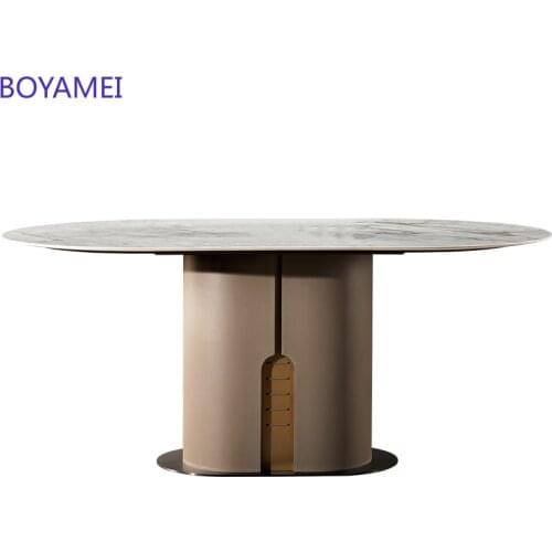 Italian minimalist marble dining table and chair combination High-end household luxury oval black walnut villa dining table
