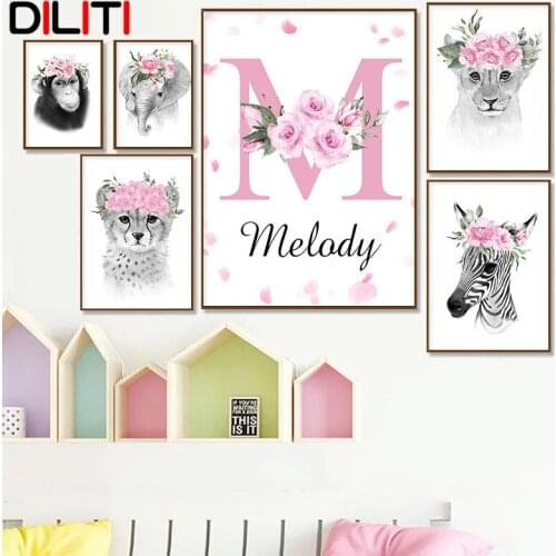 Custom Personalized Baby Name Nursery Canvas Painting Poster Pink Flower Black White Animals Wall Art for Girls Bedroom Decor