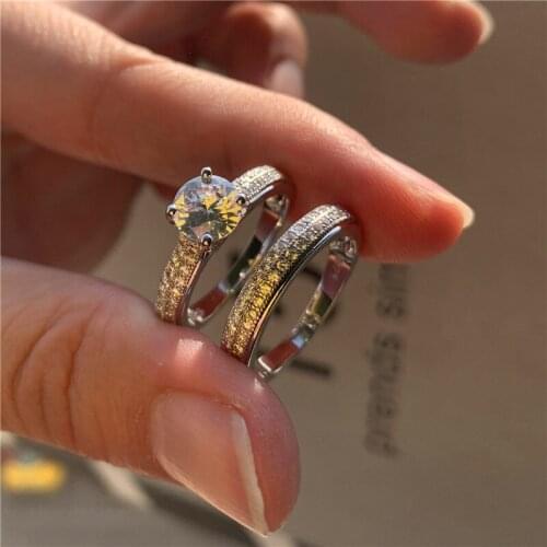 Luxury Female White Round Crystal Ring Rose Gold Silver Color Wedding Rings For Women Cute Bridal Zircon Engagement Ring Set