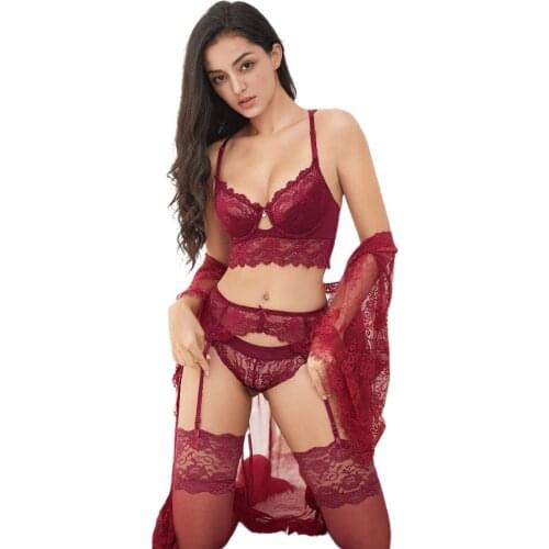 Sexy lace thin cotton cup breast bra set (bra+panty+garter belt +stocking) 4pieces/lots Lingerie Set