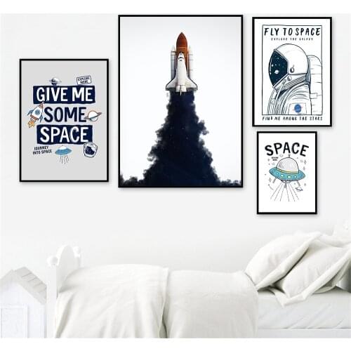 Space Rocket Canvas Wall Art Poster Astronaut Print Cartoon Planet Painting Nursery Prints Nordic Wall Pictures Kids Room Decor
