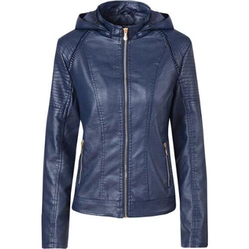 Solid Color Zipper Pu Leather Jacket Coat Women Spring Autumn Tunic Outerwear 2019 Female Large Size Hooded Plus Velvet