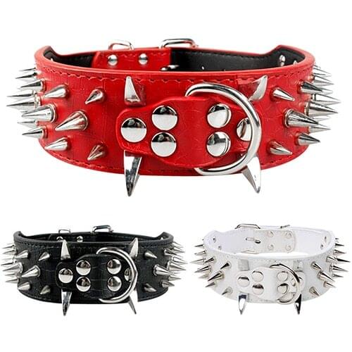 Fashion Wide Sharp Spiked Studded Punk Dog Collar for Medium Large Pet Pitbull Adjustable Leather Dog Neck Collar XS S M L