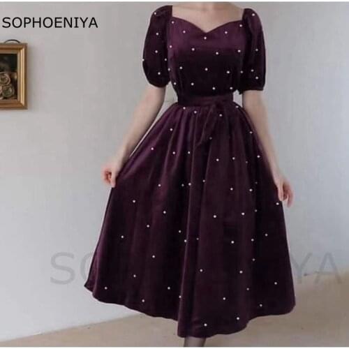 New Arrival Sweetheart Purple Evening dresses Ankle Length Purple Short Prom dress Pearls Beaded Caftan Dubai Evening gowns