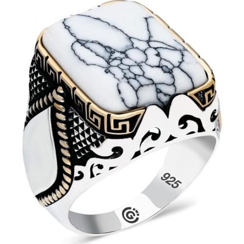 Solid 925 Silver Ring with Raw Rectangle White Turquoise Gemstone and Drop Motif Made in Turkey Gifts for Men Gifts for Dad