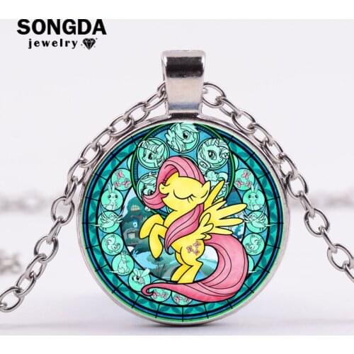 Anime My Little Horse Rainbow Foal Necklace Cute Unicorn Chokers Cabochon Glass Gem Pendant Necklaces Girls Party Jewelry Gifts