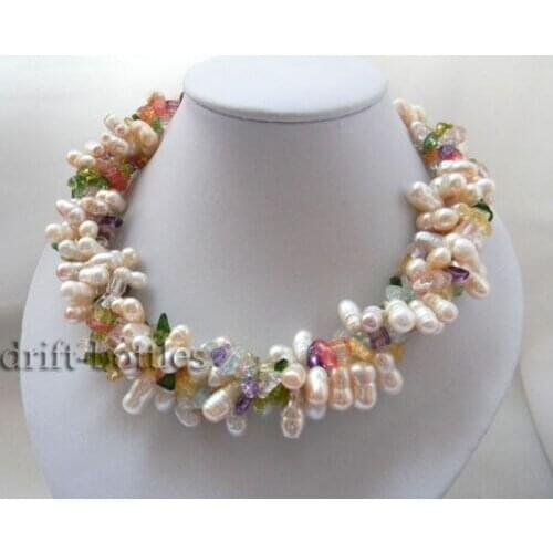 18'' 4Strands White Baroque Rice Freshwater Pearl Crystal Necklace