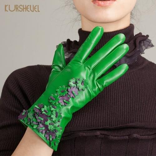 Autumn Winter Gloves Women Genuine Leather Gloves for Driving Fashion Flower Decoration Goatskin Warm Lined Mittens AGD531