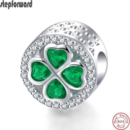 CZ Paved 100% 925 Real Silver Green Crystal Clover Charm Fit Bracelet Necklace Bangle Beautiful Good Quality Silver Jewelry Gift