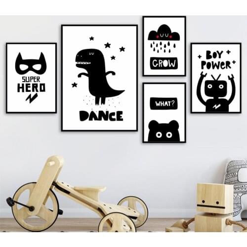 Super Hero Robot Baby Dinosaur Bear Wall Art Canvas Painting Black White Nordic Posters And Prints Wall Pictures For Kids Room