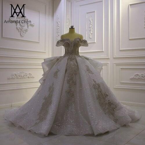 Robes de mariage Off Shoulder Lace Appliqued Glitter Wedding Dress