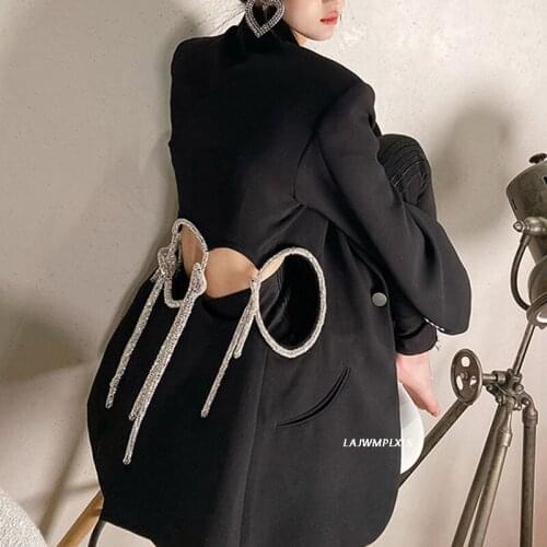 Spring Autumn Fashion Runway Designer 2021 Office Women Notched Hollow Out Full Sleeve Backless Diamonds Black Blazer Outerwear