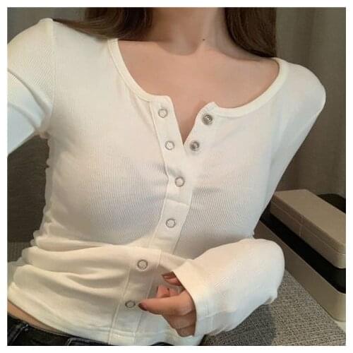 Heydress Spring Women Knitted Cardigan Sexy Solid Cotton Rib-Knit T-shirt Crop Trendy Casual Long Sleeve Women T shirt Tops