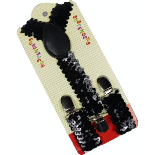 Winfox New Punk Children Kids Clip-on Black Gold Metallic Shinny Sequin Suspenders Braces For Party