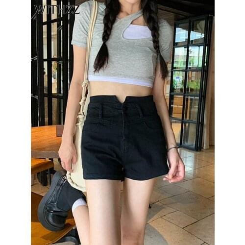 WITHZZ Summer Womens Design Double Layer High-rise Jeans Lovely Female Denim Shorts