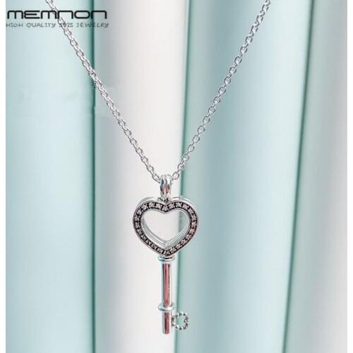 Floating Locket Heart Key Necklaces for women with CZ 925 sterling silver link chain silver pendant necklace fine Memnon jewelry