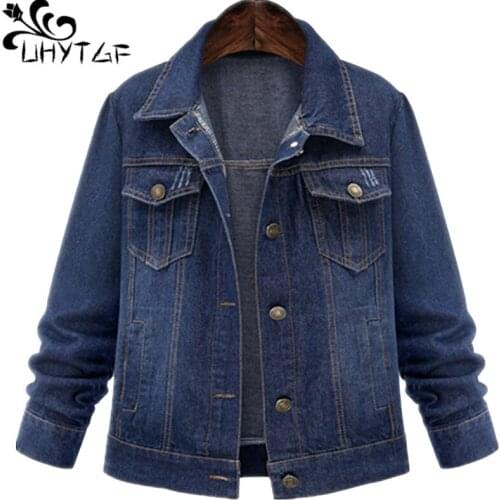 UHYTGF XL-5XL Oversized Casual women autumn Coat fashion loose bomber jeans jacket outerwear Lady student short denim jacket 193