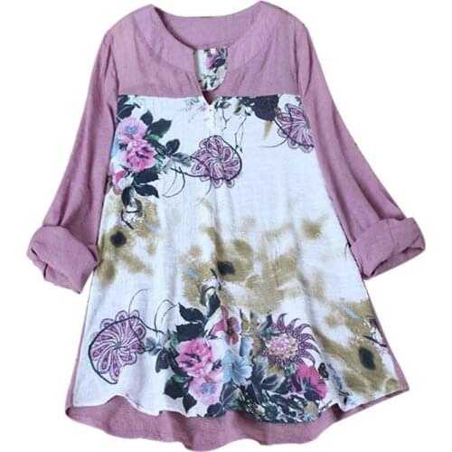 2020 Oversize fashion summer women cotton linen shirt top print splice Blouse Plus size 5XL long-sleeved pullover shirts G879