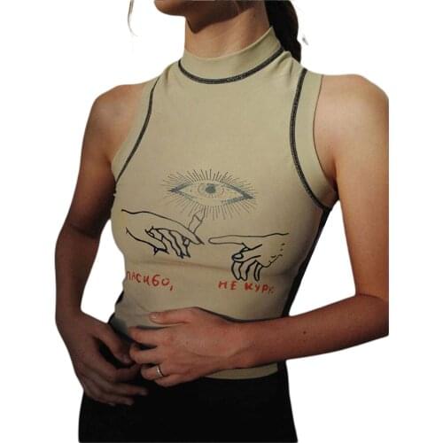Ladies Summer I-shaped Camisole Y2K Girls Finger Eyes Letter Printing Half High Round Collar Sleeveless Tops Slim Base Shirt