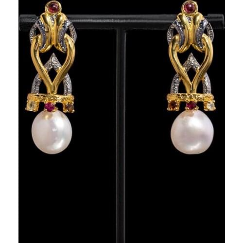 Italian vintage handmade jewelry 925 silver inlaid pearl tourmaline earrings for ladies