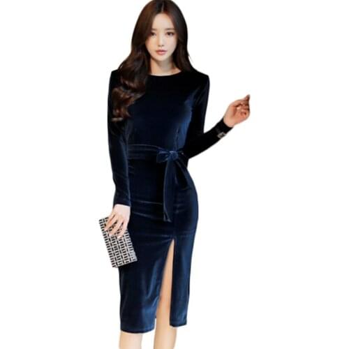 Winter Party Office Dresses for Women Solid Long Sleeve Black Bodycon Vintage Vestidos Velvet Dresses Split Sheath Dress