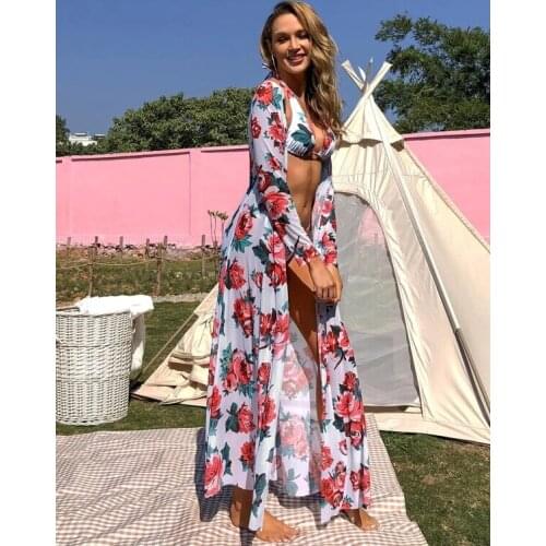 New Women Long Cardigans Summer Casual Dress Vintage Print Floral Beach Cover Up Swimwear Bikini Outerwear Flare Sleeve Oversize