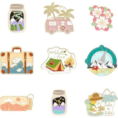 Hiking Pins Collection Camping Badges Trunk Lapel Pin Flower Brooches Trees and Mountain Wilderness Jewelry Gift Wholesale