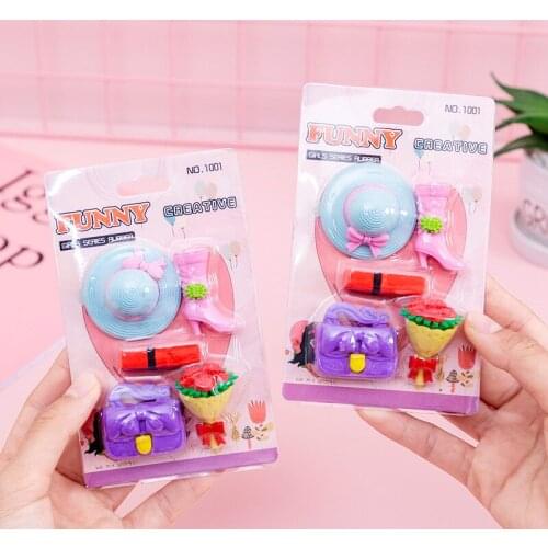 10 set/lot Creative hat flowers girl women blister-card eraser / rubber eraser suit / student eraser/toy children gift