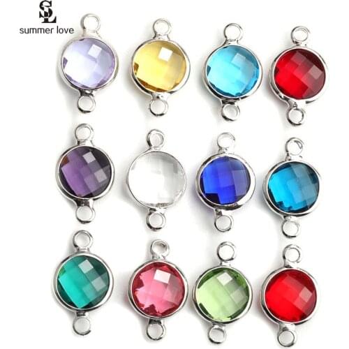 10pcs Wholesale 8mm Silver Color Crystal Birthstone Connector Charms for Diy Earring Bracelet Making Small Bead Jewelry Findings