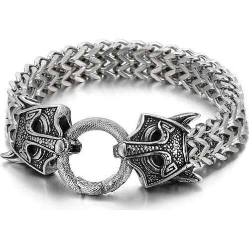 Stainless Steel Mens Bracelet Viking Retro Domineering Two-Headed Animal Woven Titanium Steel Bracelet Fashion Punk Jewelry Gift