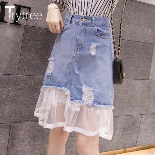 Trytree 2020 Spring Summer Casual Woman Skirt High Waist Blue Demin Parchwork Lace Mesh Ruffled Hem Knee-Length Romantic Skirt