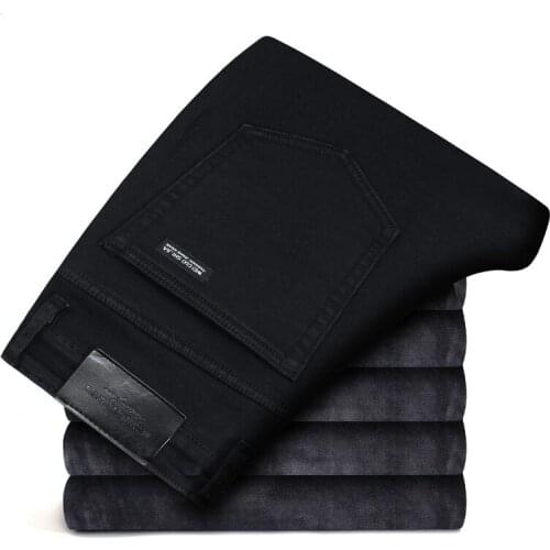 High Quality Stretch Slim Black Jeans Fashion Business Casual Thick Jeans Black Pants Russia Winter New Mens Warm Velvet Jeans