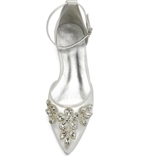 Elegant lady satin mesh dress flats pointed toe ankle strap bridal wedding shoes with crystal applique party prom mother heels