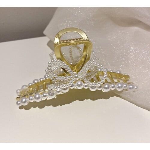 French Retro Metal Rhinestone Imitated Pearl Hair Claw Irregular Geometric Hollow Big Hairpin for Women Fashion Jewelry