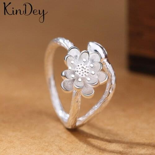 Kindey Retro Jewelry Silver Color Lotus Flower Rings For Women Bridal Engagement Party Antique Rings Wholesale