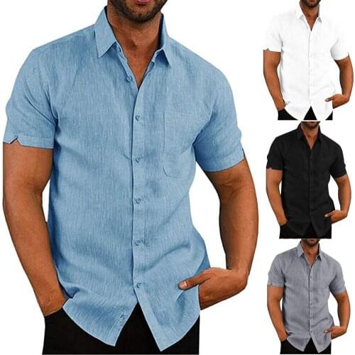 Men Shirts Linen Short Sleeve Summer Solid Shirts Loose Dress Soft Tops Tee Summer Casual Clothes 4Colors
