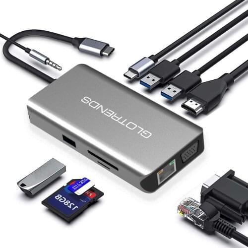 10-in-1 USB C Hub with Ethernet, 4K@30Hz HDMI-compatible, VGA, 3 USB3.0, SD/TF Card Reader, Mic, USB-C PD 3.0 Power Charge