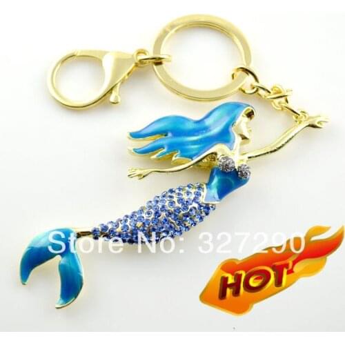 New Arrival Blue Crystal Rhinestone Keychain Lovely Mermaid Keyring Fashion Bag Hanger Jewlery Free Shipping