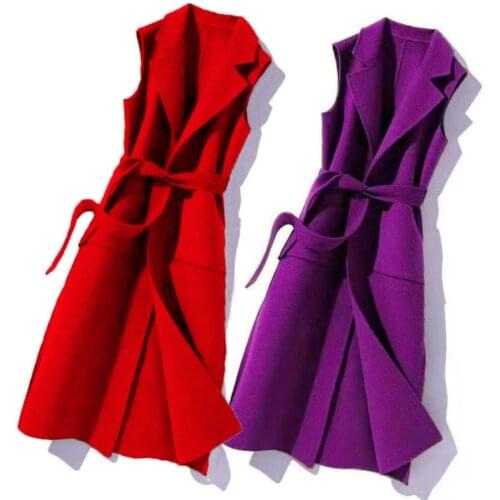 Autumn Winter Wool Long Vest Sleeveless Jacket Coat Women Woolen Waistcoat Female Slim Pockets Vest With Belt Outwear