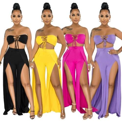 Sexy Solid Bandage Summer Beach Wear 2 Piece Outfits Off the Shoulder Tube Crop Top + High Slit Wide Leg Pants Suit Women Sets
