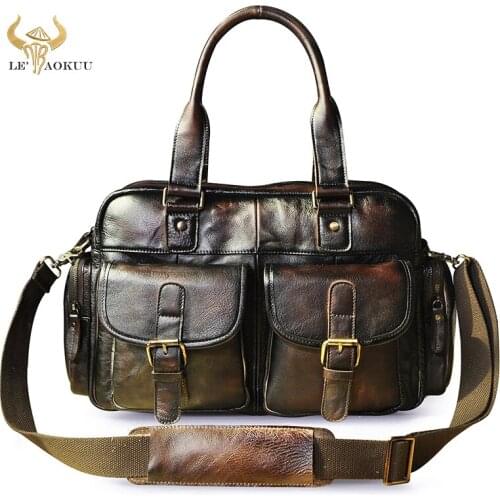 Luxury Brand Vintage Coffee Natural Leather Large capacity Male travel bag Casual Handbag Briefcase Laptop Tote Bag For Men 061