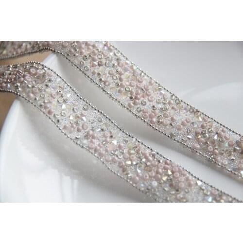 Pink Rhinestone Beaded lace trim, rhinestones apliques cristales trim parches iron on lace trimming motif patches for clothing