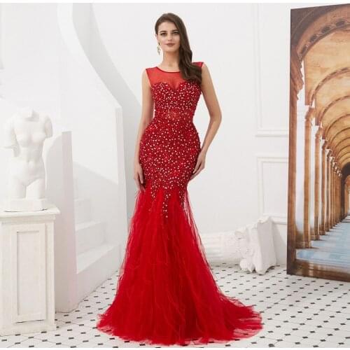 Customer Make To Order Sexy Sheer Neckline Red Mermaid Evening Dress Formal Dress Party Gown Vestidos De Festa Robe De Soiree