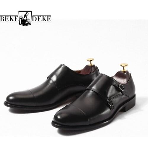 Italian Fashion Mens Genuine Leather Monk Strap Shoes Office Work Formal Footwear Social Man Slip On Loafers Wedding Dress Shoes