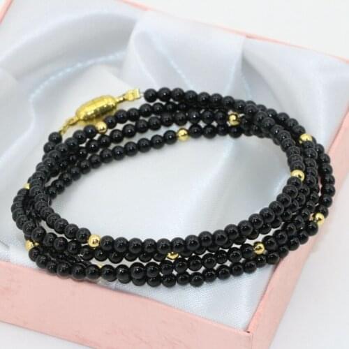Vintage style popular 3mm natural black agat onyx round beads long chain multilayer bracelet 4 rows magnetic clasp jewelry B2791